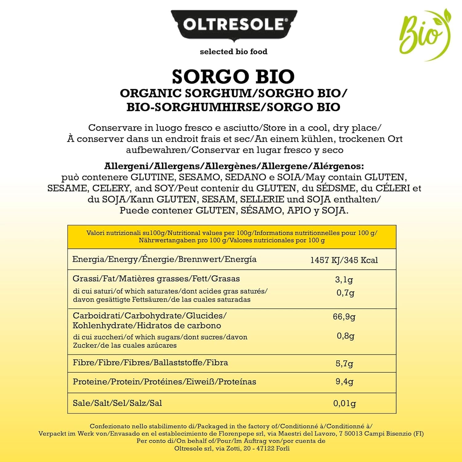 Økologisk hvid sorghum, 1 kg, afskallet, råkorn, økologisk dyrket i Italien, ideel pakke til familien