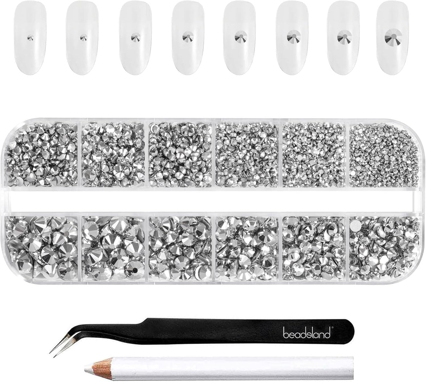 Beadsland 2500 stk Glas Nailart Strasssteine ​​​​Kristall Flatback Edelsteine ​​​​Runde, ​​Für Handwerk Gemischt 8 Größen SS4 ~ SS30 Mit Picking Pinzette Und Stift (Kristall Weiss)