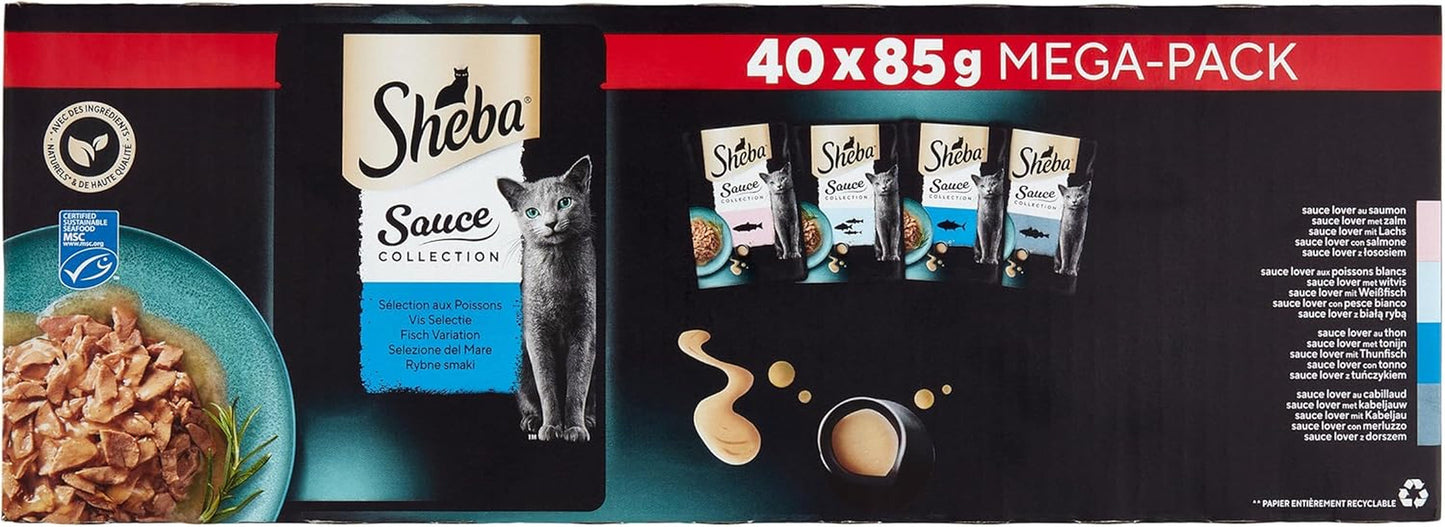 Sheba Sauce Collection friskhedsposer, vådfoder, udvalg af fisk til voksne katte, 4 varianter, 40 x 85 g