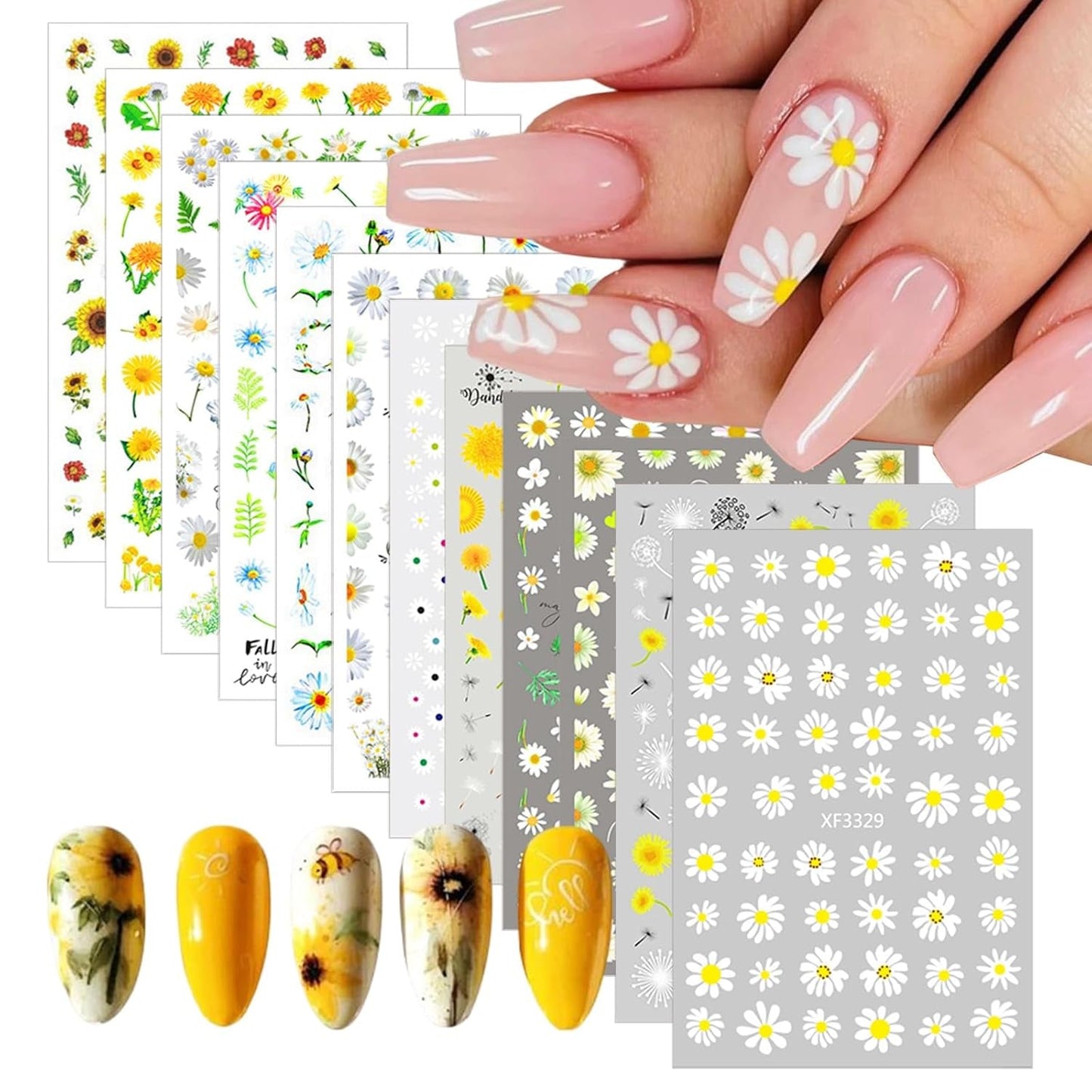 12 ark 3D-effekt negleklistermærke UV-hærdende Langtidsholdbare blomsternegleklistermærker Gul Hvid Daisy Nail Art-klistermærker