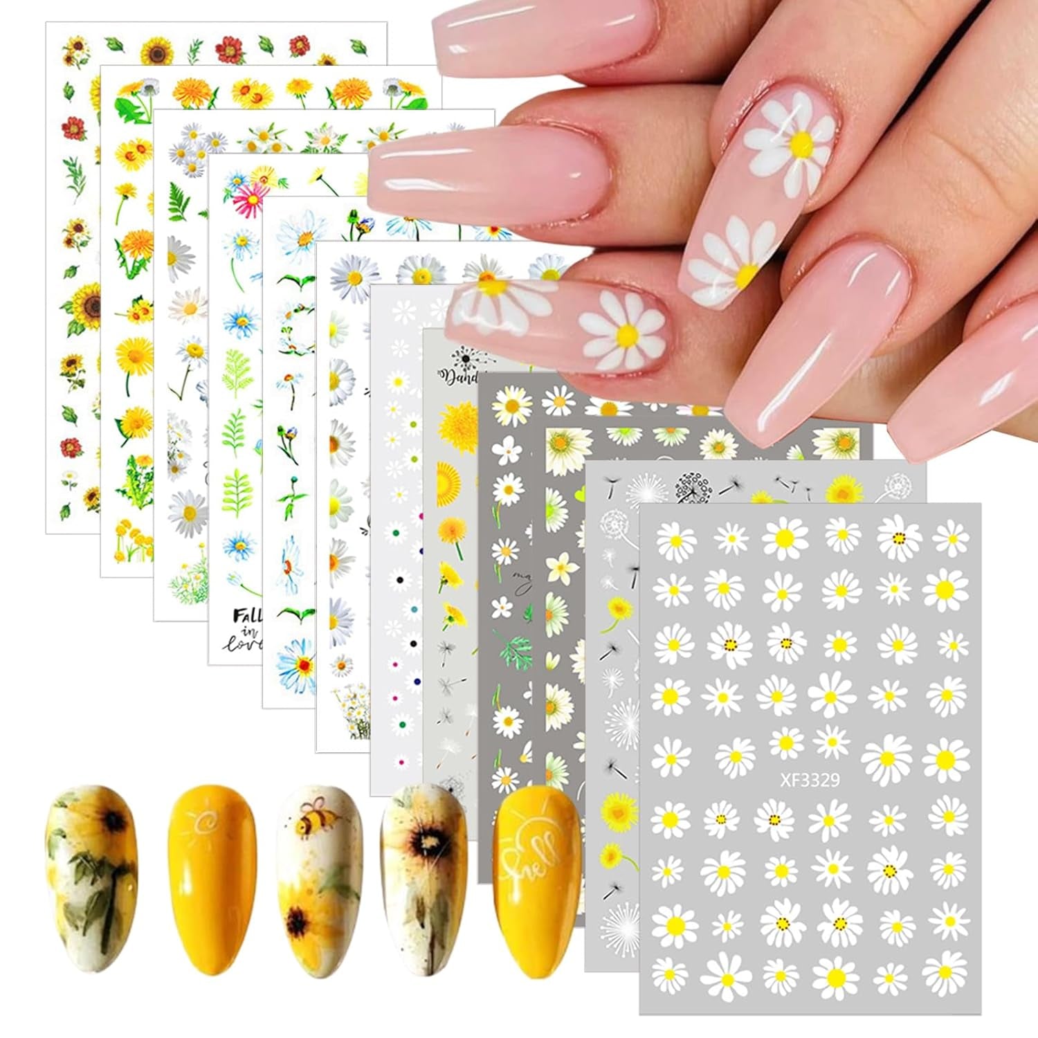 12 ark 3D-effekt negleklistermærke UV-hærdende Langtidsholdbare blomsternegleklistermærker Gul Hvid Daisy Nail Art-klistermærker