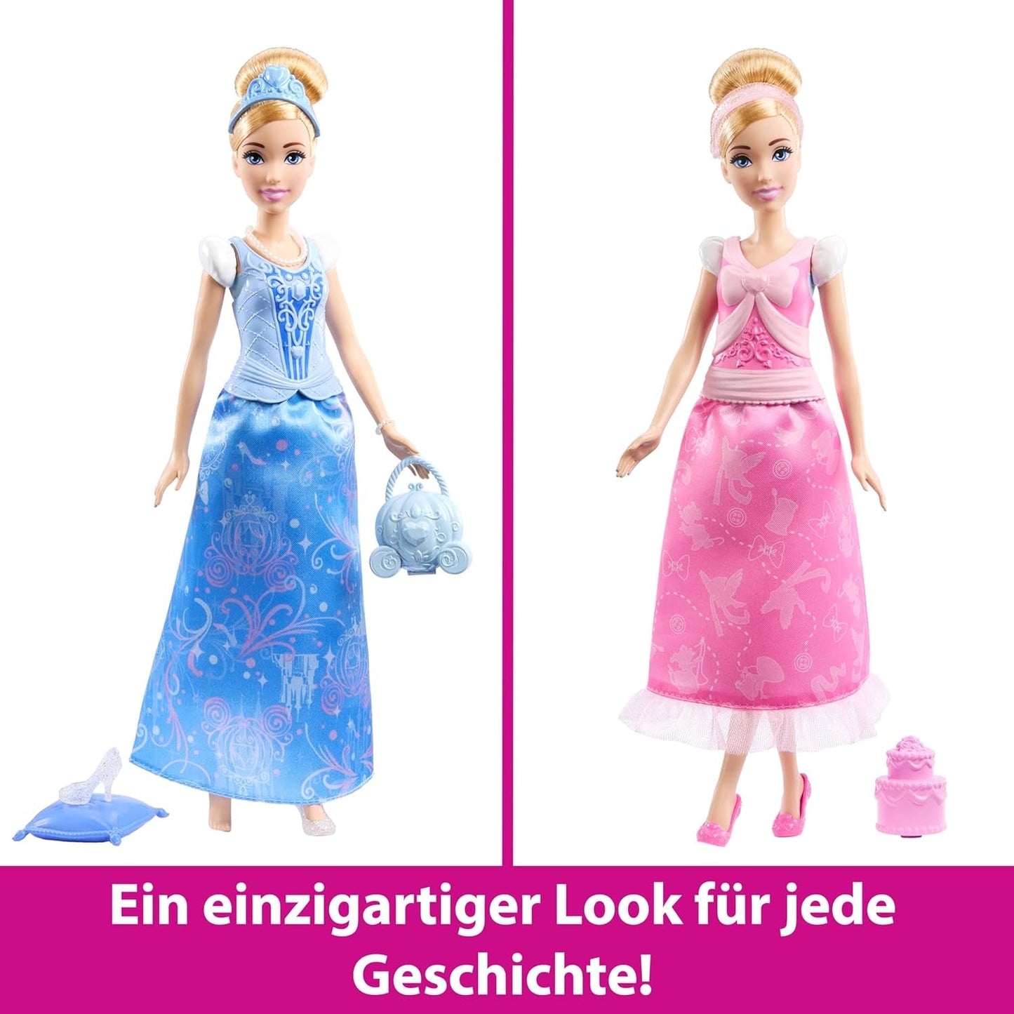 Mattel Disney Princess Toys Askepot modedukke med 2 outfits, 9 tilbehør, 2 toppe med clips og 2 nederdele. 2 i 1 historier inspireret af Disney-filmen, JCR95