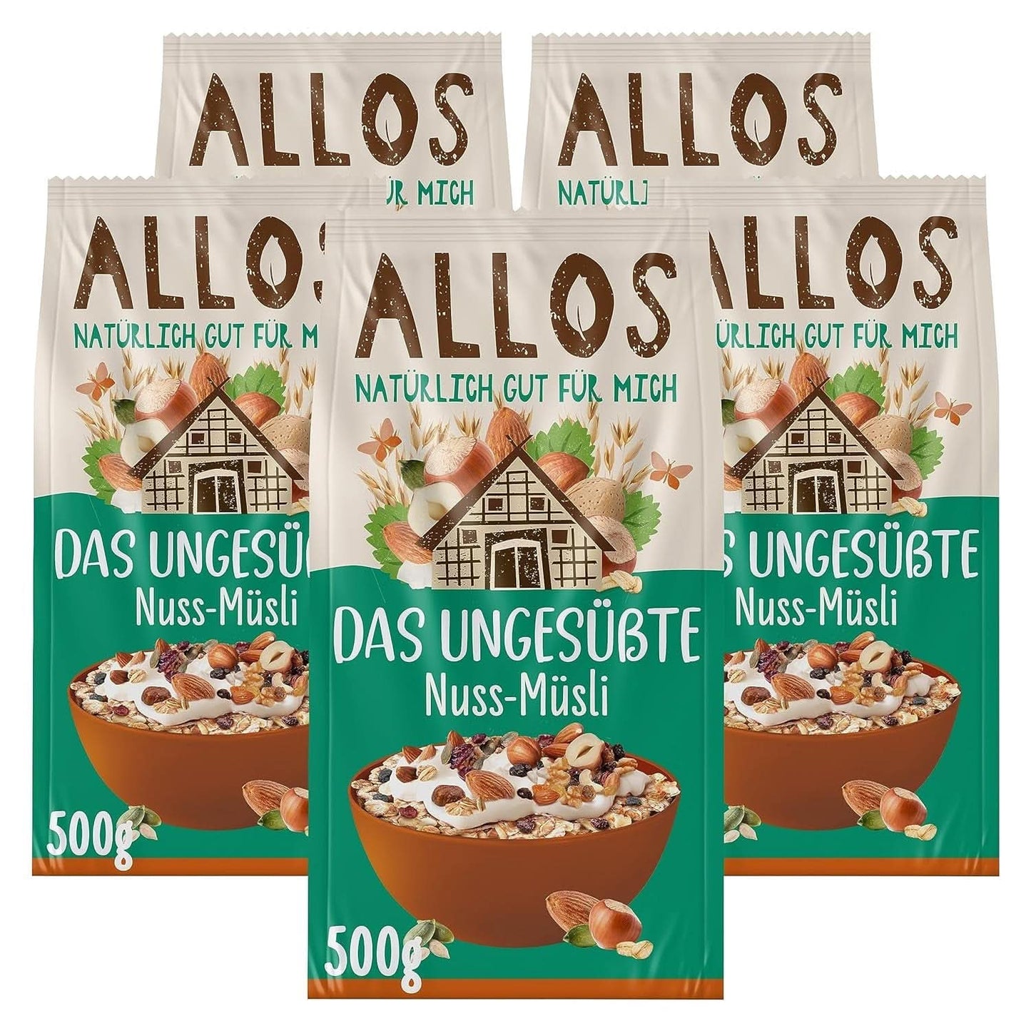 Allos, usødet bærmüsli, pakke 5 x 500 gram Korn Naty Shop hasselnødder