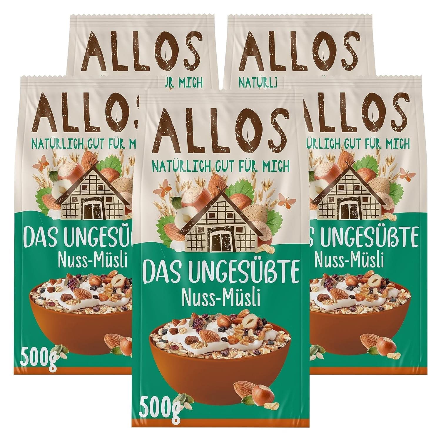 Allos, usødet bærmüsli, pakke 5 x 500 gram Korn Naty Shop hasselnødder