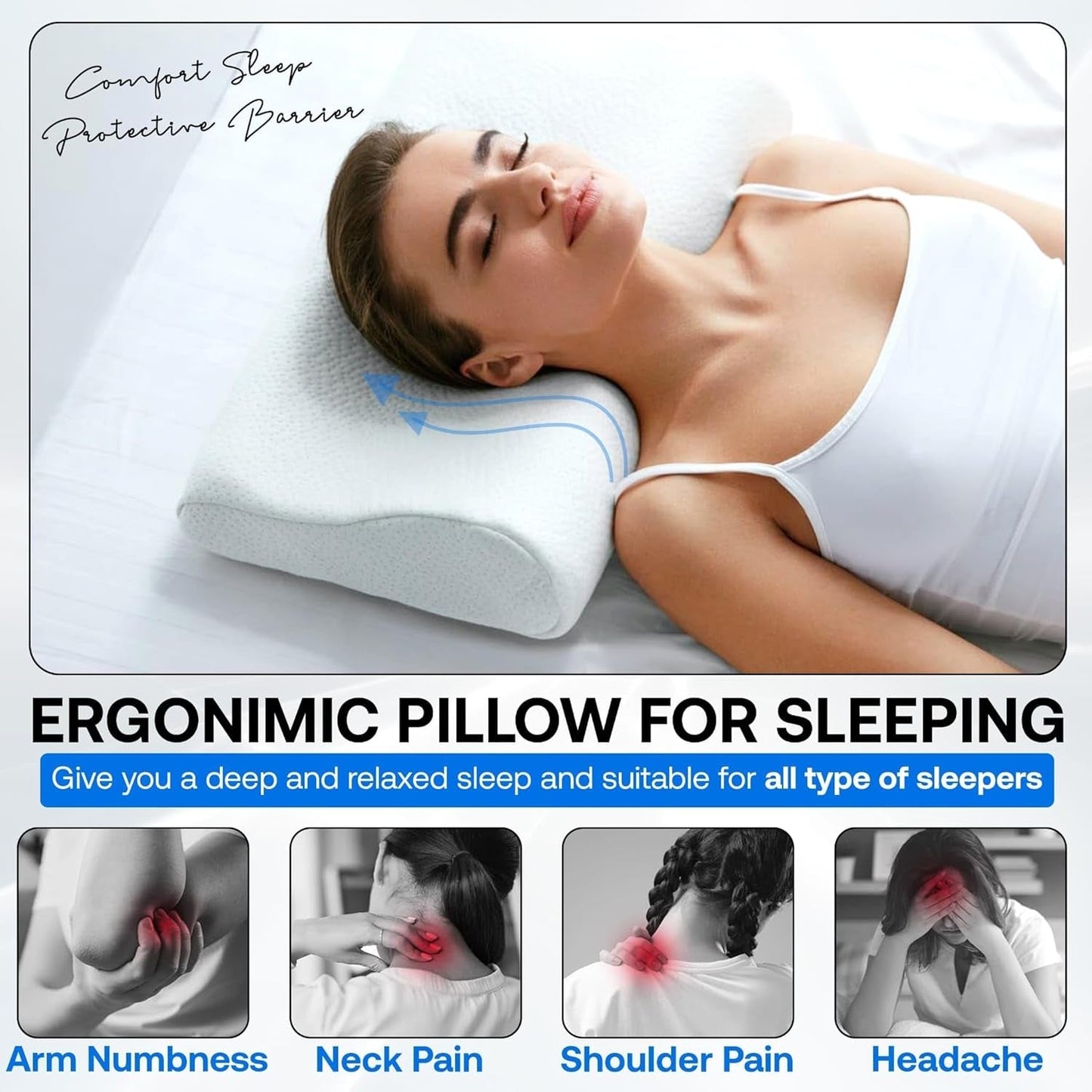 Ortopædisk Memory Foam Nakkestøttepude - Ergonomisk pude, Anti-snorkepude til side-, mave- og rygsover, pude, 60 cm x 40 cm x 12 cm cervikal ortopædiske puder Naty Shop