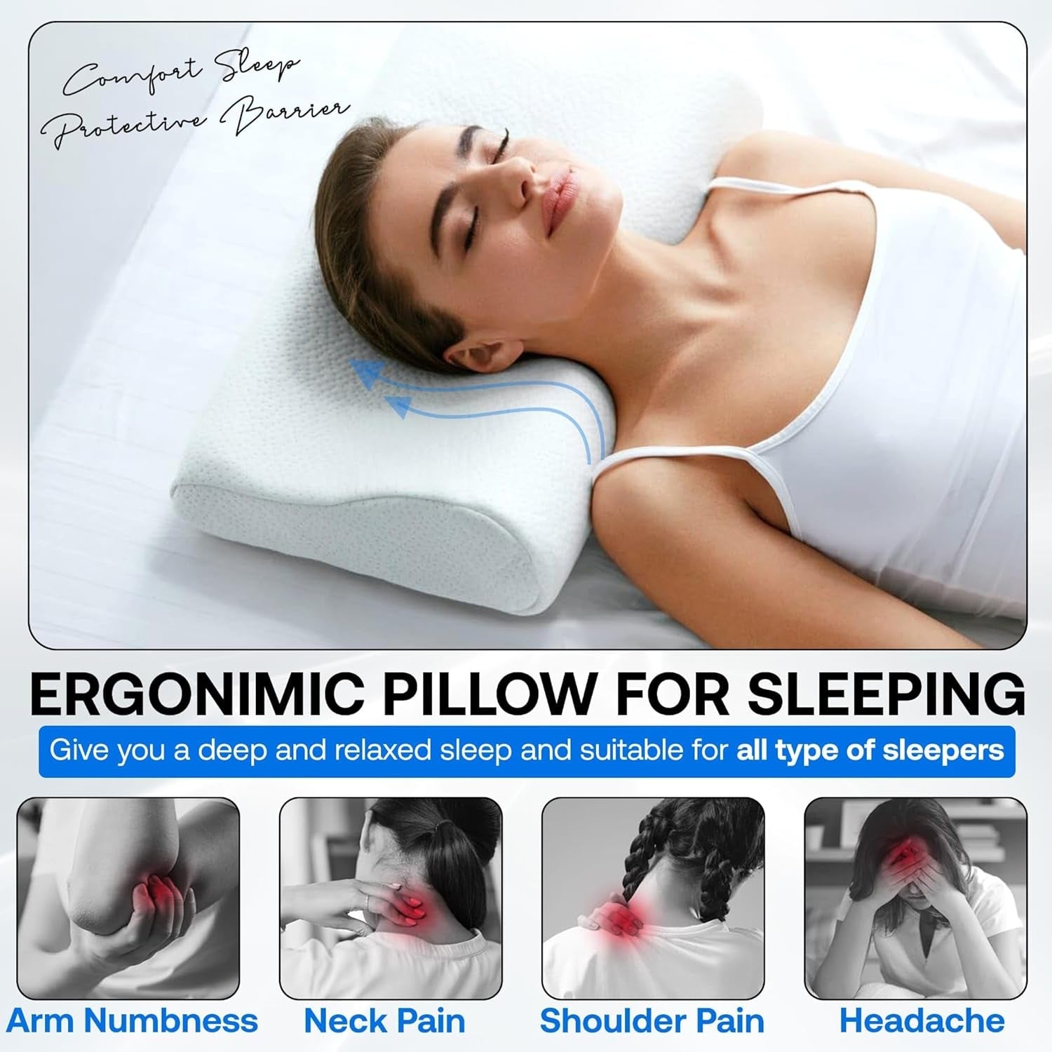 Ortopædisk Memory Foam Nakkestøttepude - Ergonomisk pude, Anti-snorkepude til side-, mave- og rygsover, pude, 60 cm x 40 cm x 12 cm cervikal ortopædiske puder Naty Shop