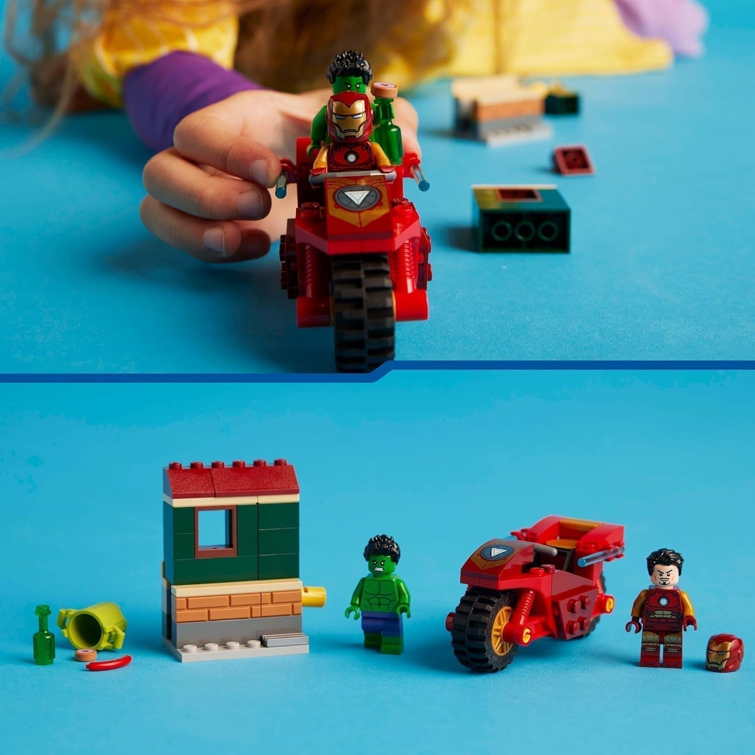 LEGO Marvel Iron Man med cykel og hulk, superheltebyggelegetøj til børn, samlingssæt med cykel og minifigurer, gave til piger og drenge 4 år 76287 Byggesæt Besuche den LEGO-Store