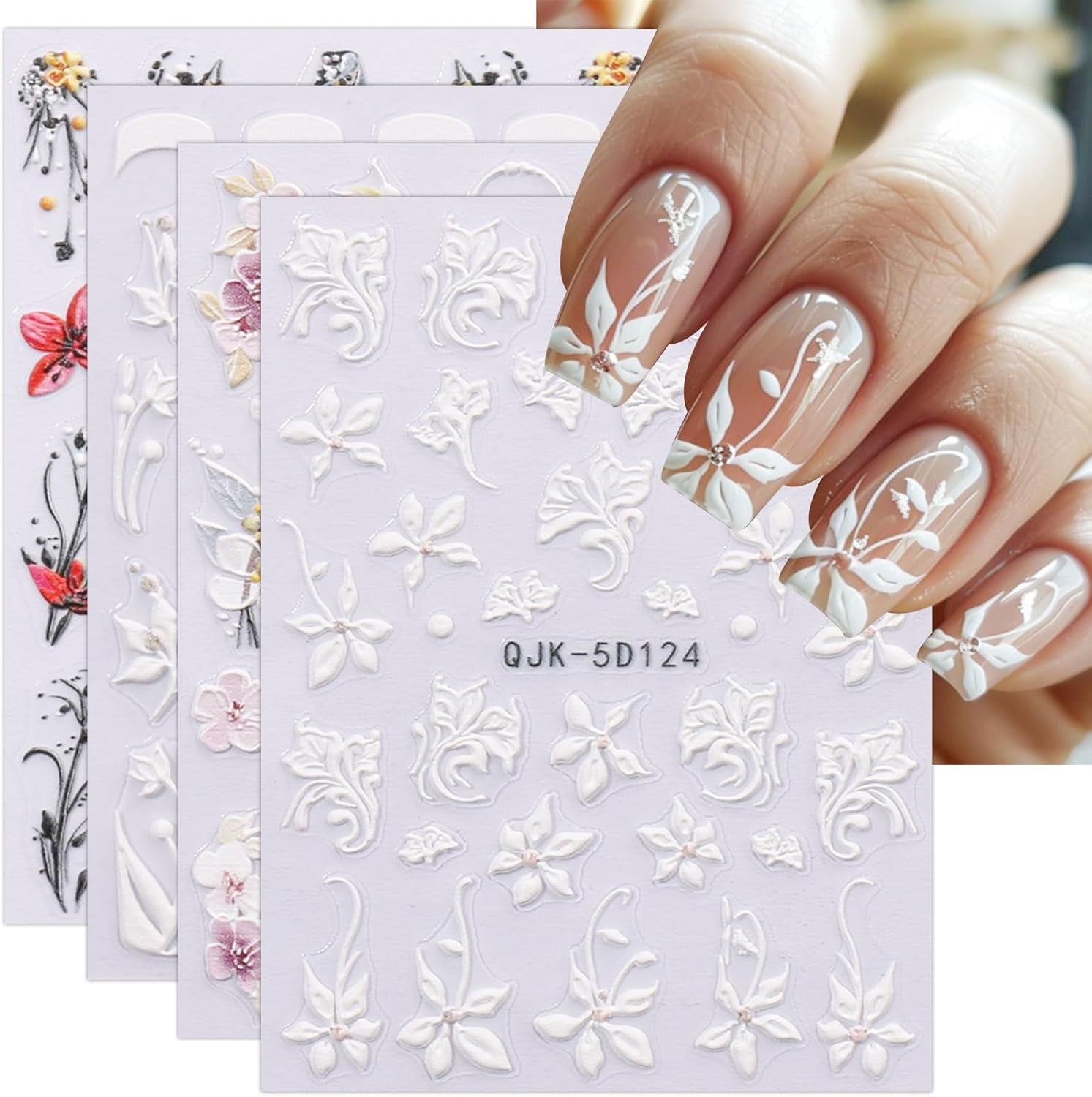 JMEOWIO 3D Nagelsticker Blumen Nail Art Sticker Selbstklebend Nagelaufkleber 5D Stereoskopisk Frühling Sommer Dekoration Nageldesign Zubehör 4 Blatt
