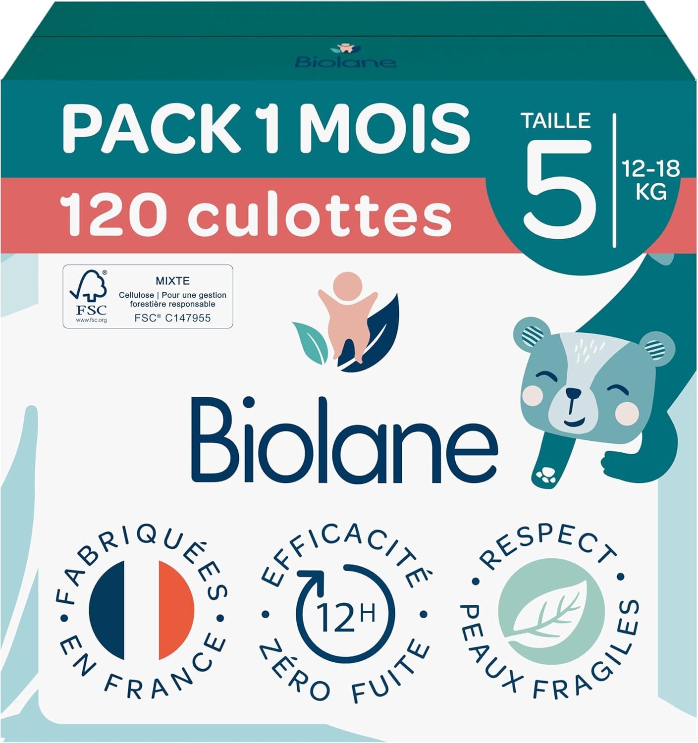 BIOLANE - Korte bleer - Størrelse 5 (12-18 kg) - 12 timers tæthed - 1 måneds pakke - 120 bleer - økologisk