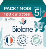 BIOLANE - Korte bleer - Størrelse 5 (12-18 kg) - 12 timers tæthed - 1 måneds pakke - 120 bleer - økologisk
