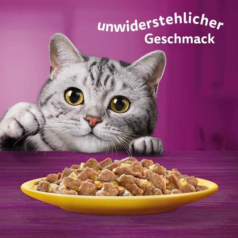 Whiskas 1+ vådfoder til katte med kylling i gelé, 28x85g (1 pakke) - Højkvalitets vådfoder til voksne katte i poser med 28 portioner