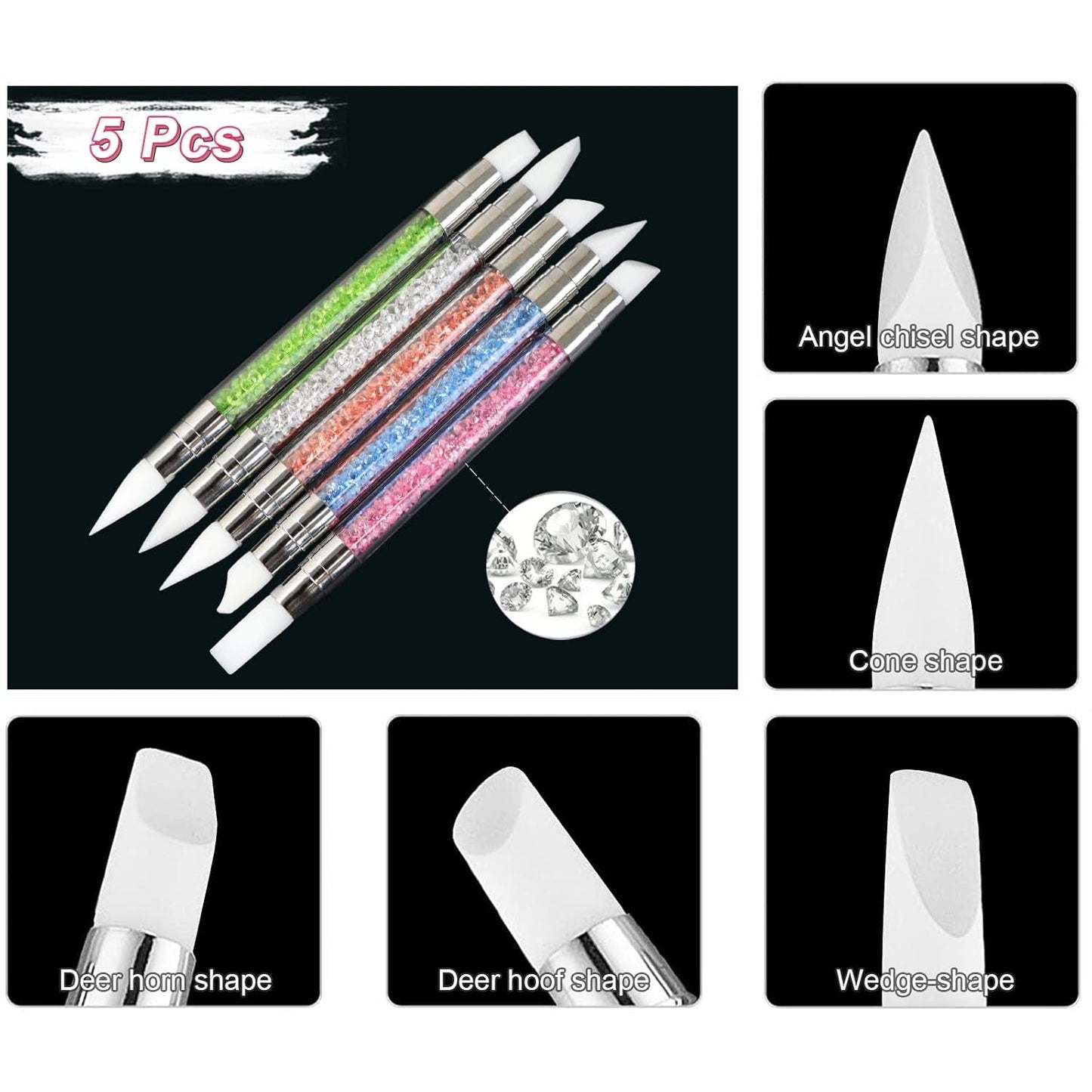 Qufiiry 5PCS Silikon Nagel Pinsel, Gel Schnitzen Pinsel, Silikon-Modellier Pinsel Sæt, Dobbelt Købfe DIY Maniküre Werkzeug