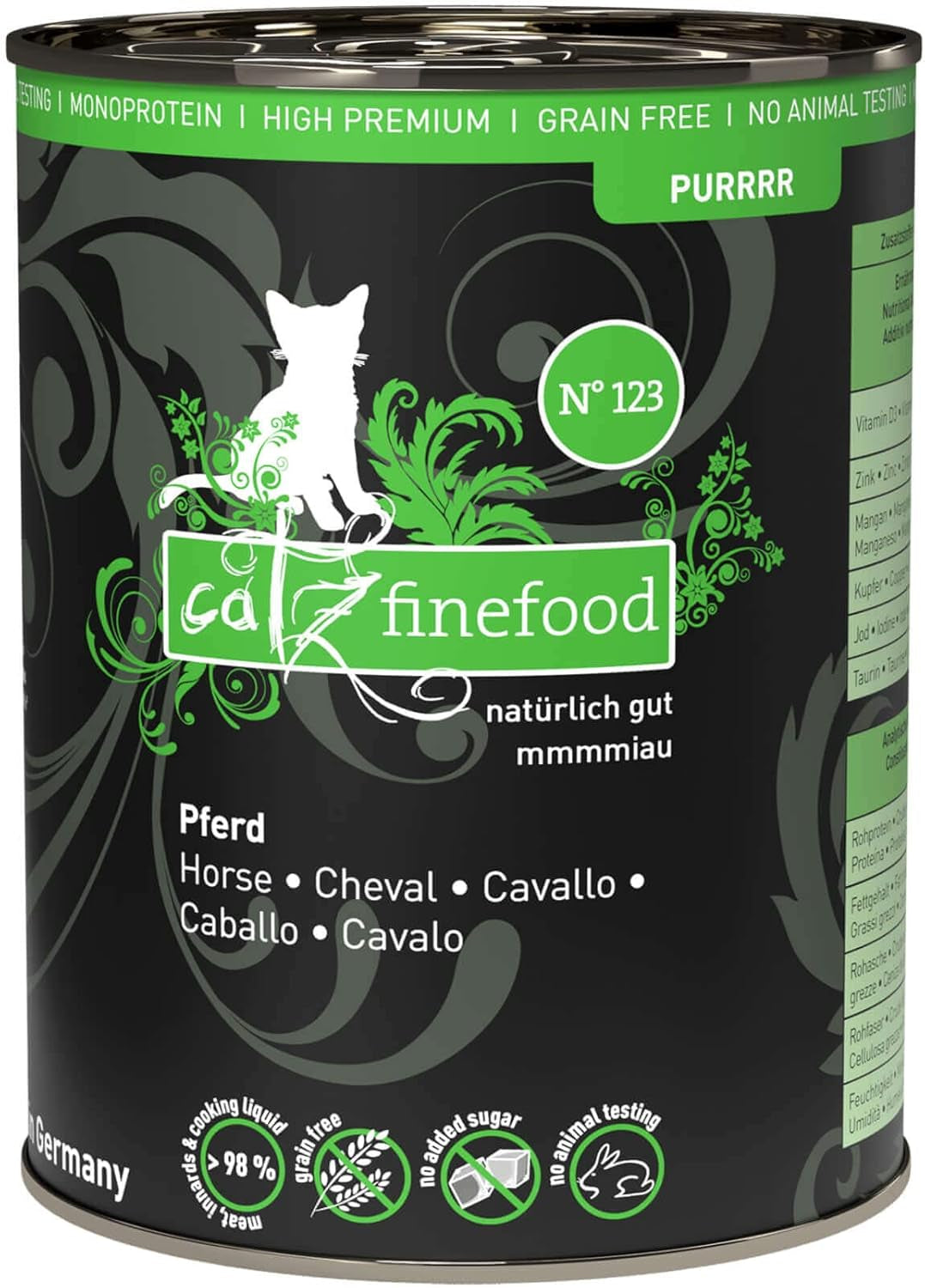 Vådfoder til katte Catz Finefood Purrrr Heste Monoprotein no. 123, til katte med følsom fordøjelse, 70% kødindhold, 6 æsker x 400 g