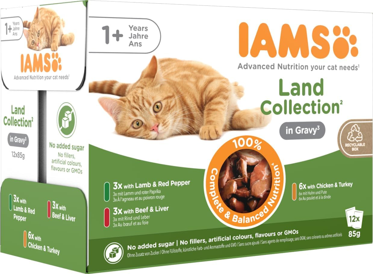 IAMS Delights Land Collection Vådfoder til katte - Multipak med kødvarianter (lam, oksekød, kylling og kalkun) i sauce, vådfoder til katte fra 1 år, 12 x 85g