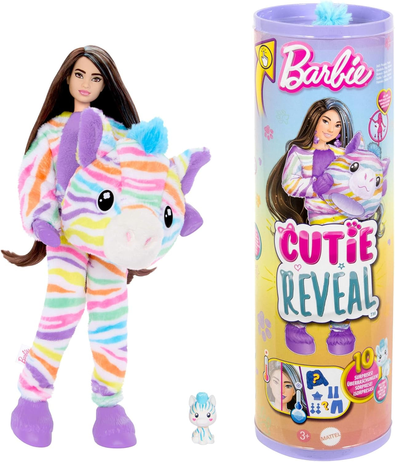 Barbie Cutie Reveal Dukke og tilbehør, Rainbow Zebra Plush Outfit og 10 farveskiftende overraskelser, Color Dream Range, HRK39