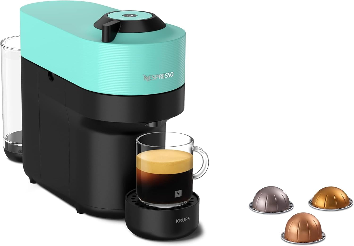 Espressomaskine med Nespresso Krups Vertuo Pop-kapsler, kapacitet: 560 ml, automatisk kapselgenkendelse, one-touch system, 4 kopstørrelser, forkortet opvarmningstid, bæredygtig, Aqua Mint, XN9204