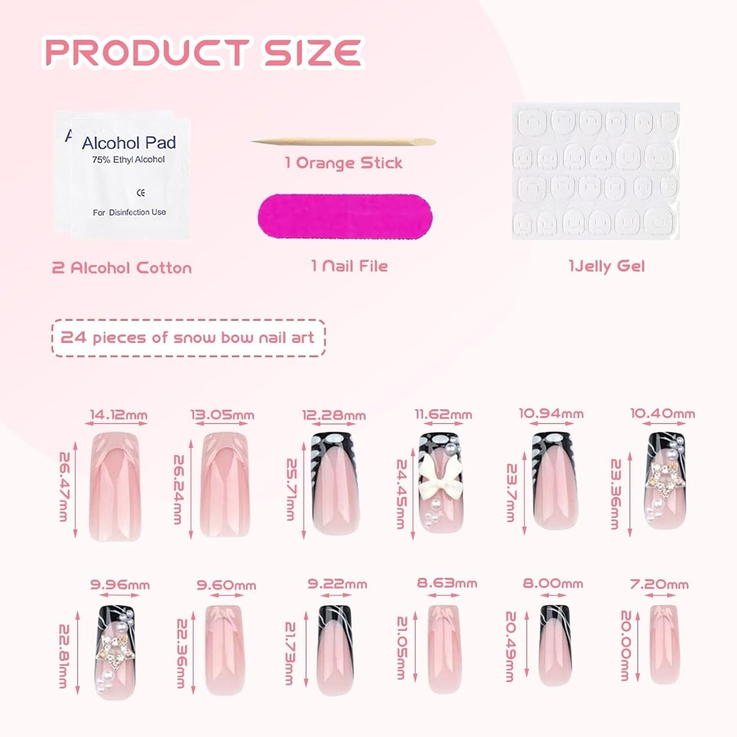 24 stk mellemlængde Rhinestone Pink Square Pearl Glitter 3D falske negle til kvinder piger