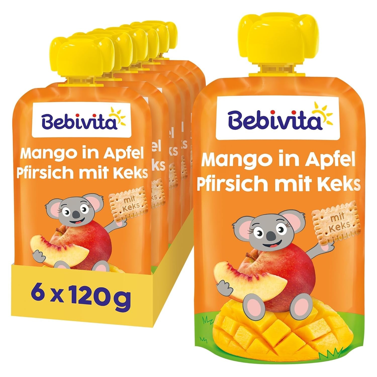 Mango i æble- og ferskensovs med en pose kiks (6 x 120 g), uden tilsat sukker, lavet af milde frugter og værdifulde kornprodukter, ideel til snacks og på farten.