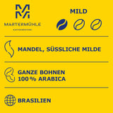 Martermühle Santos Kaffeebohnen 1 kg mild I Arabica I Aroma: Mandel, Süssliche Milde I Ganze Kaffee-Bohnen schonend geröstet, säurearm