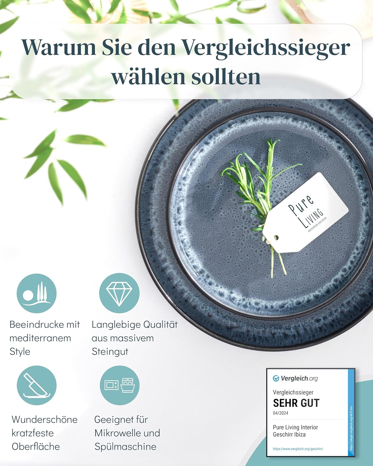 18-delt keramisk stentøjsstel til 6, Ibiza-design, TESTVINDER. Et lækkert middelhavsservicesæt af keramisk stentøj med skåle og tallerkener. Pure Living servicesæt i røgblå.