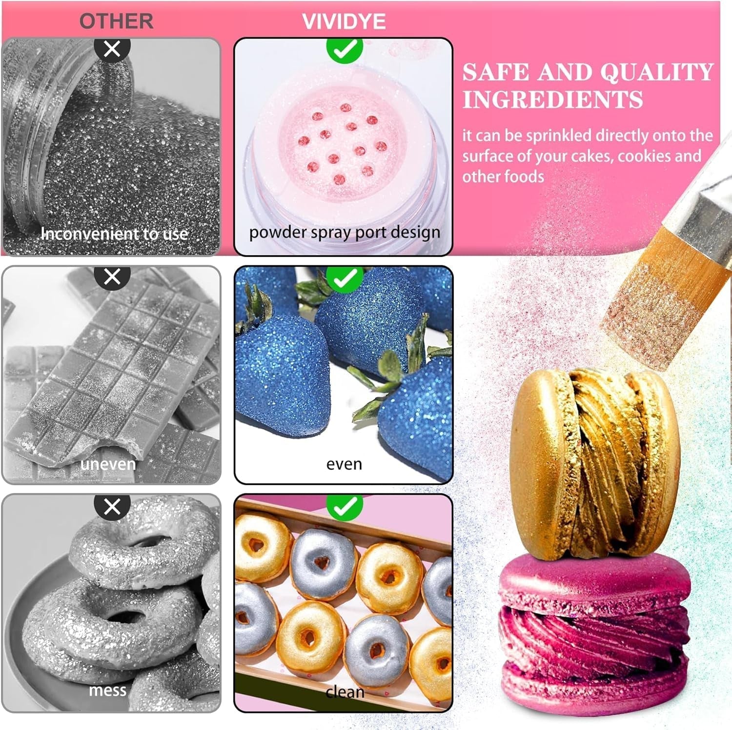 Spiselig glitterglitter - 4 farver spiseligt glitterpulver, glitterpulver til drikkevarer, mad, kager - spiseligt metallisk madfarvepulver til bagning, cocktails - 5G/flaske