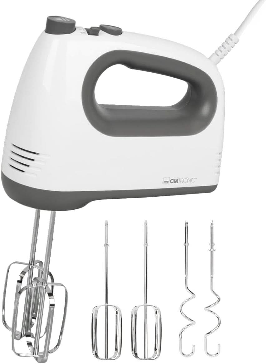 Clatronic mixer | Kraftvoller 400 Watt-motor | Håndmixer | Turbostufe & 5 Geschwindigkeitsstufen | Håndmixer | Spülmaschinengeeignete Edelstahlquirle Und -Knethaken | HM 3775 Køkken Naty Shop Weiß-Grau 400 Watt