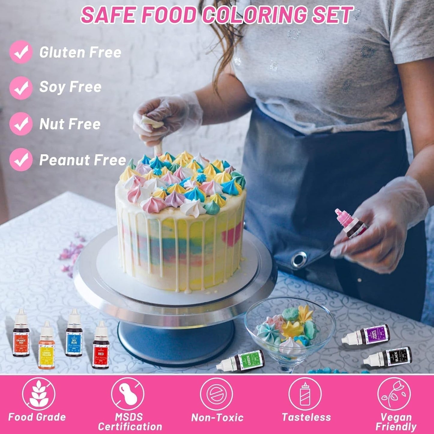 Madfarve 8x10ml - Højkoncentreret flydende madfarvesæt til bagning, kager, småkager, frosting, macarons, fondant - Levende madfarve til gør-det-selv-sæber, slim, håndværk