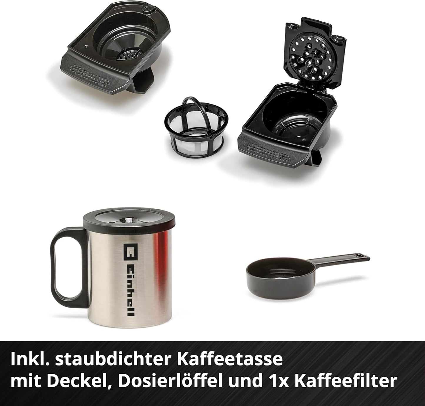 Trådløs espressomaskine Einhell TE-CF 18 Li-Solo Power X-Change (18 V, 240 ml vandtank, til filterkaffe og kaffekapsler, bærehåndtag, inkl. kaffekop med låg, uden batteri)