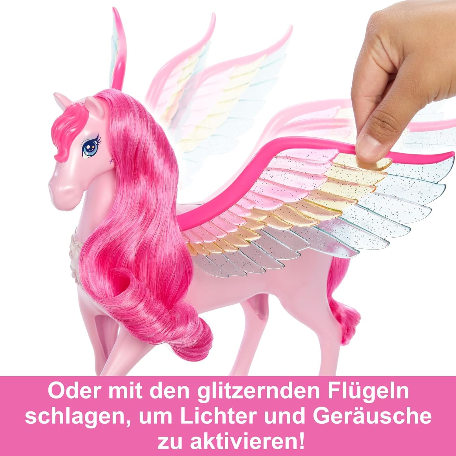 Barbie Pegasus Magic Hide and Seek - Interaktivt legetøj med lys og lyde, 10 tilbehør, regnbuevinger, til alderen 3 og op, HLC41