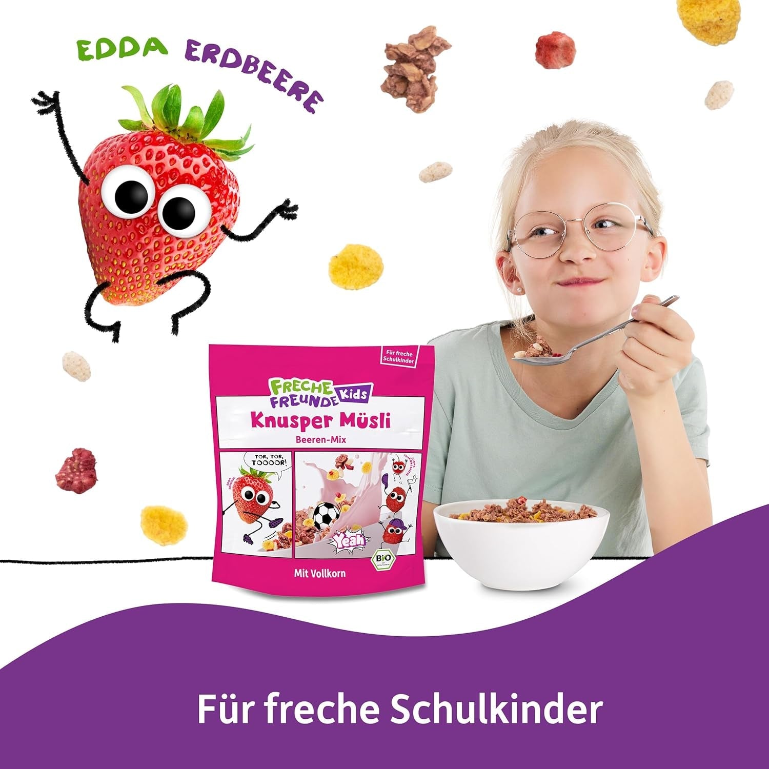 FRECHE FREUNDE Økologisk morgenmadsmüsli Eddas bærsprøde müsliblanding til skolebørn med frysetørrede jordbær Vegansk 6-pak (6 x 280 g)