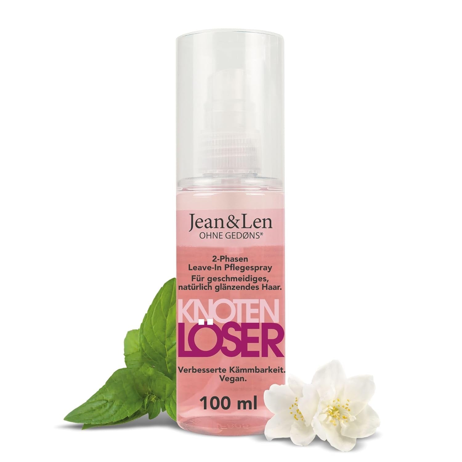 Jean & Len Knot Remover 2-Phase Leave-In Conditioning Spray, velegnet til alle hårtyper, udfiltrer hår og forbedrer kambarhed, frisk duft, udfiltring, silikone- og parabenfri, vegansk, 100ml Naty Shop håraffiltringsprodukter 100Ml (1 pakke)