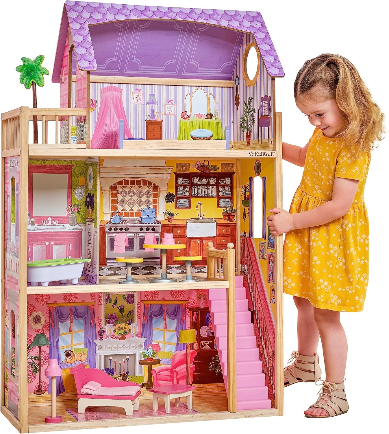 KidKraft Kayla trædukkehus med møbler og tilbehør, 3-lags legesæt til 30 cm dukke, legetøj fra 3 år og opefter, 65092 - eksklusivt på Amazon