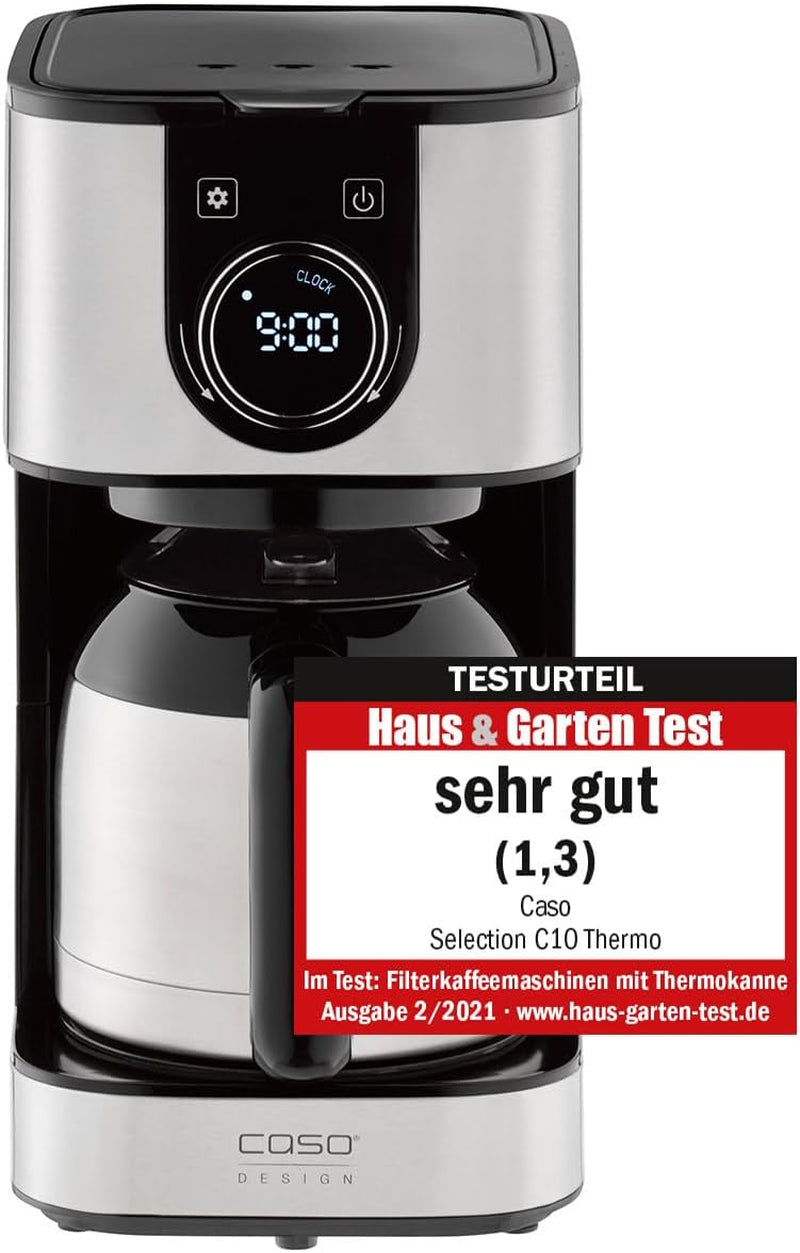 CASO Selection C 10 Thermo Design kaffemaskine – Rustfrit stålhus, 1,2 l isotermisk karaffel (10 kopper), berøringsknapper og timer, Aroma PLUS funktion, permanent filter, anti-dryp filter