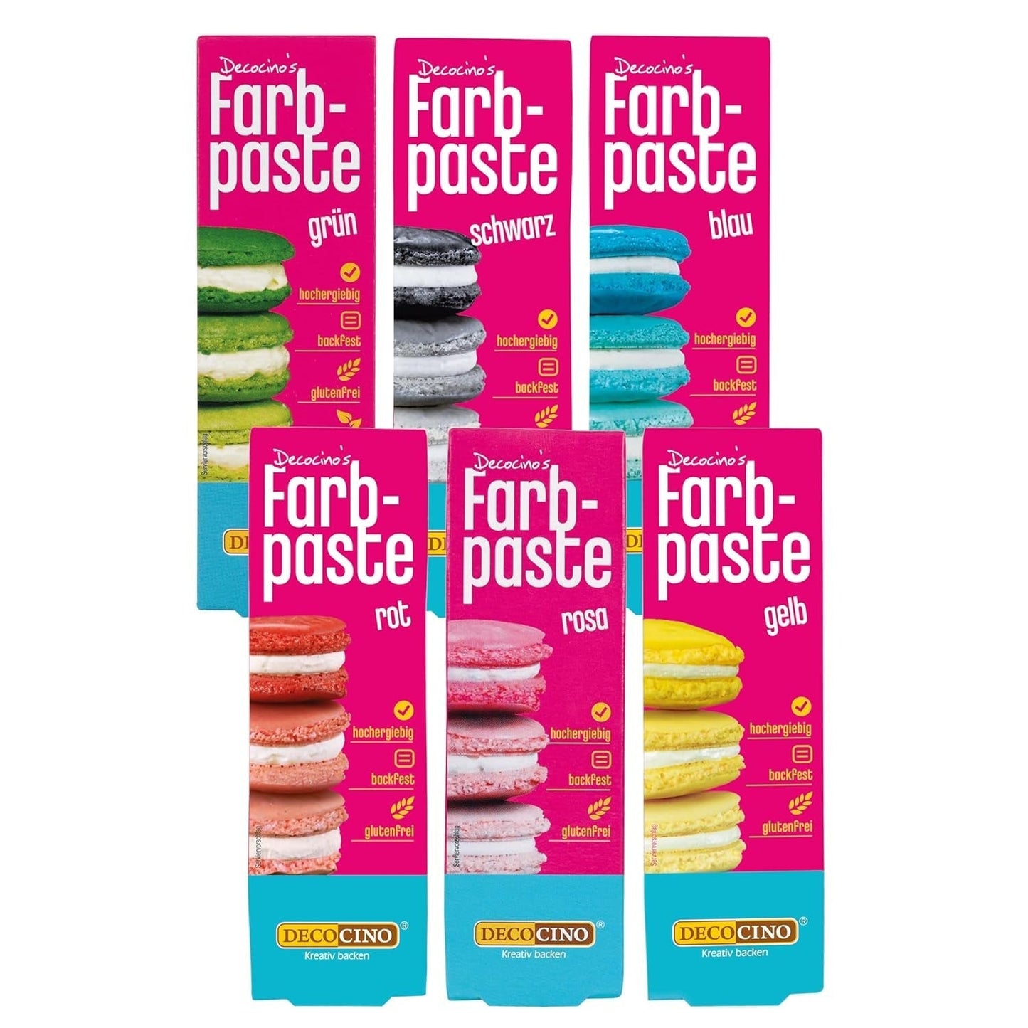 Sæt med 6 Decocino farvepastaer - 6 x 20 g - Madfarve i rød, pink, grøn, gul, blå og sort, ideel til farvning af kager, fondant og cremer - Azofri og glutenfri