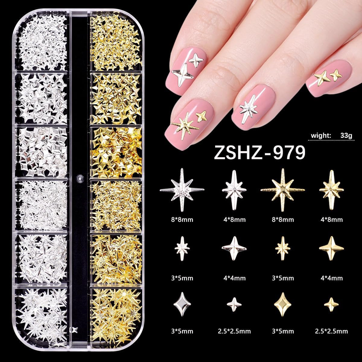 Nail Charms,6 Boxen Gold Silber Nagel Charms 3D Gold Bogen Stern Nail Art Dekoration+6200 Strasssteine ​​Bunt Steine ​​​​AB Perlen Diamanten,3D Legierung Bow Nail Gems Nagel Deko Für Frauen Nagel (6-A)