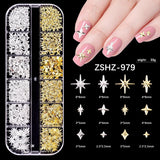 Nail Charms,6 Boxen Gold Silber Nagel Charms 3D Gold Bogen Stern Nail Art Dekoration+6200 Strasssteine ​​Bunt Steine ​​​​AB Perlen Diamanten,3D Legierung Bow Nail Gems Nagel Deko Für Frauen Nagel (6-A)
