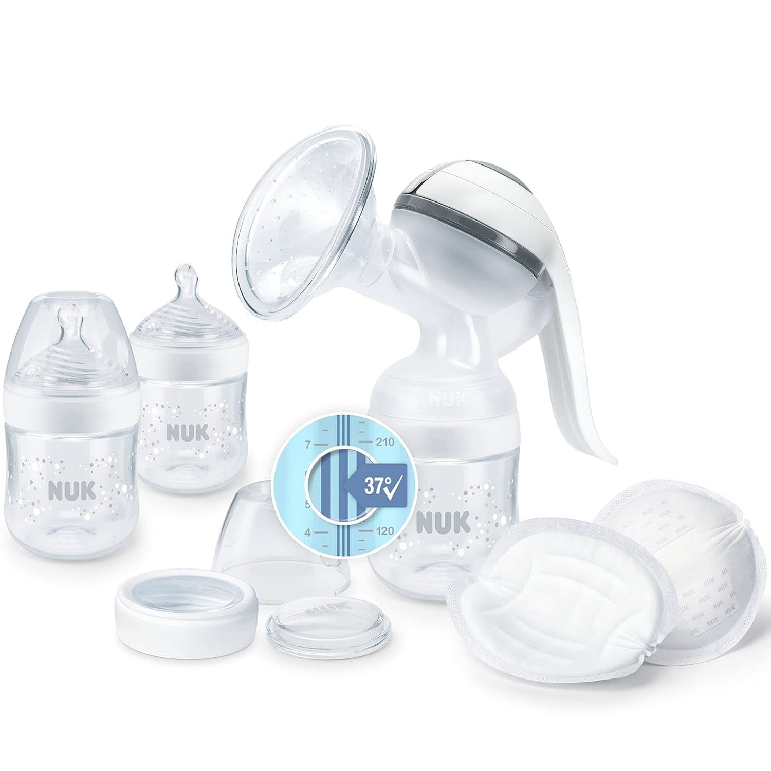NUK Nature Sense manuel brystpumpe | Ammesæt med manuel brystpumpe, flasker og ammeindlæg Ultra Dry Comfort | 6 stk Babymad og ammetilbehør Naty Shop Single Med temperaturkontrol