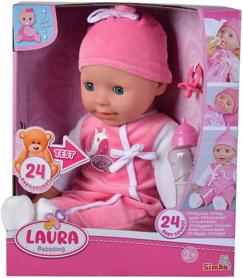 Simba 105140489 - Laura Baby Talk Doll, 38 cm blød kropsdukke med søvnige øjne i sød jumpsuit, 24 babylyde, Legedukke, Babydukke, 2+