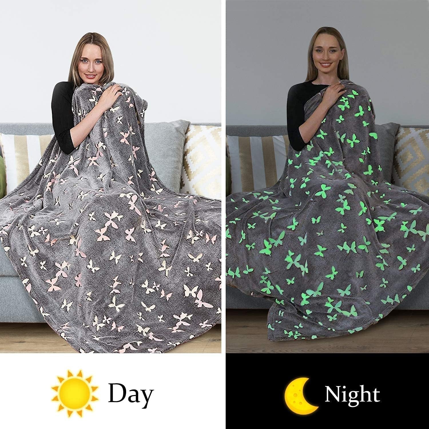 Kanguru Glow Sengetæppe Glow in the Dark Tæppe Sommerfugletæppe Blødt Tæppe 130X150Cm Luminous Sofa Sengetæppe. Glow in the Dark børnetæppe, grå senge og tæpper Besuche den Kanguru-Store