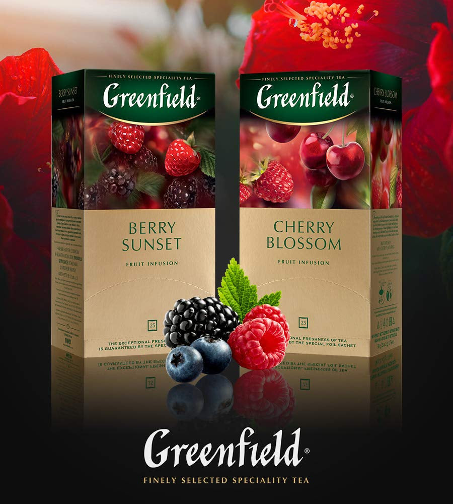 Greenfield Cherry Blossom, Hibiscus, Hyben, Æble, Hindbær, Blackberry, Teposer (2G X 25), 50G