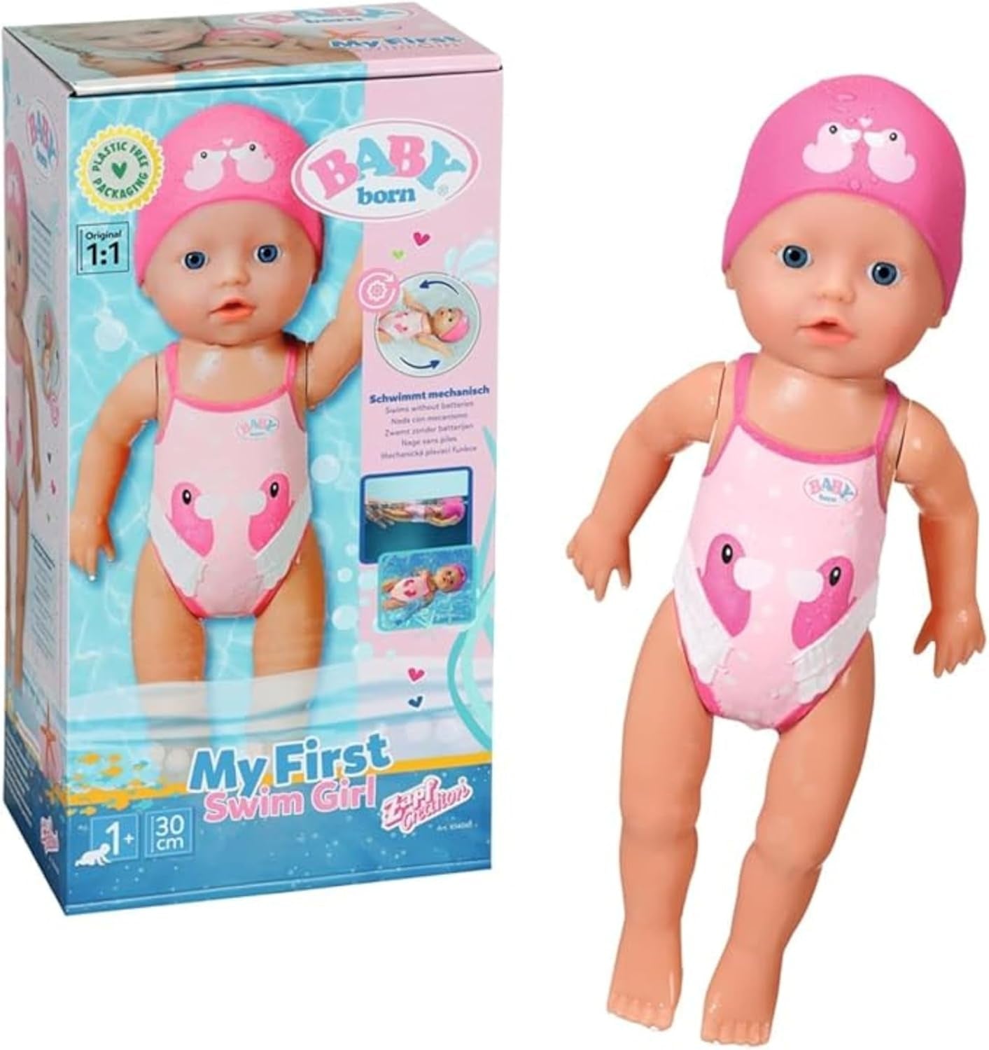 BABY Born My First Swimmer Girl - 30 cm Dukke - Badedukke med drejemekanisme, Vandtæt - Virker uden batterier - Velegnet til børn fra 1 år og derover