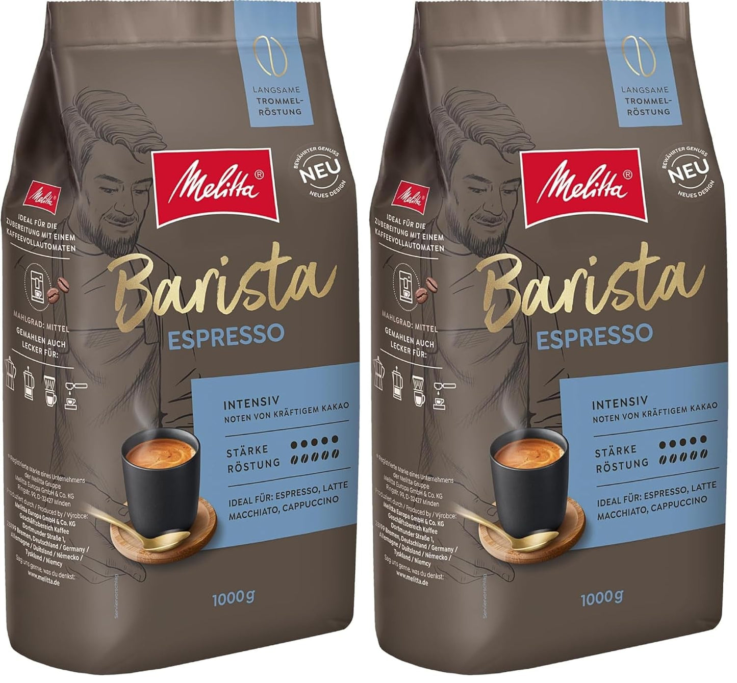 Melitta Barista Classic Espresso, hele kaffebønner 1 kg, maling, kaffebønner til automatiske espressomaskiner, stærk ristning, intensitet 5 (pakke med 2)