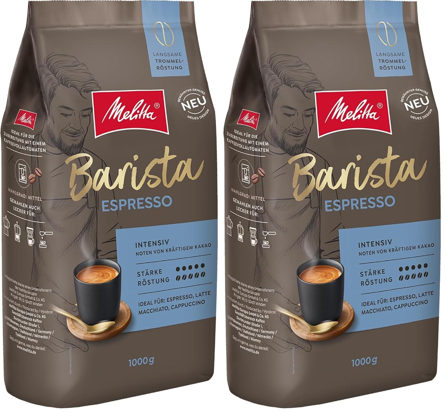 Melitta Barista Classic Espresso, hele kaffebønner 1 kg, maling, kaffebønner til automatiske espressomaskiner, stærk ristning, intensitet 5 (pakke med 2)