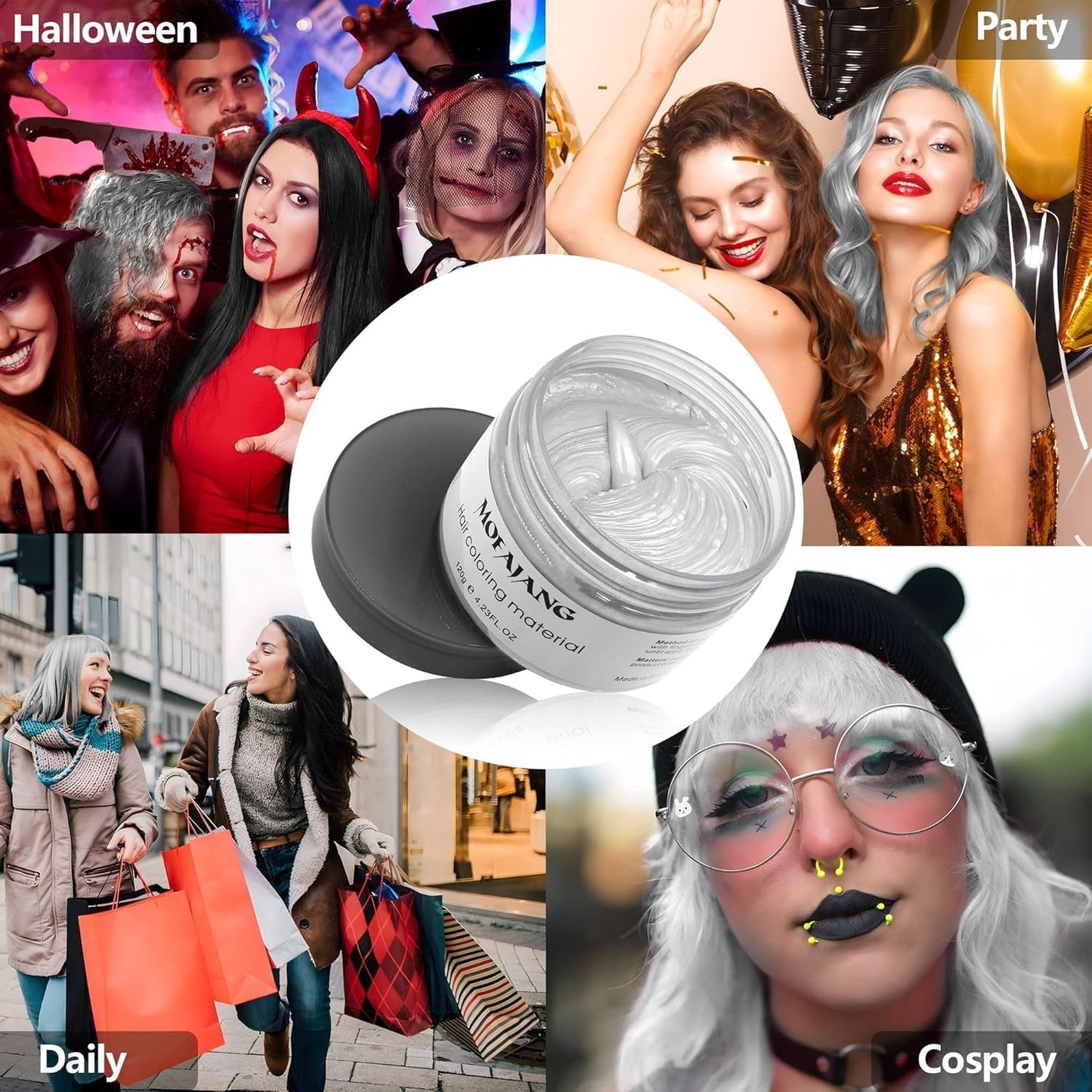 Midlertidig hårfarve, styling af hårfarve til mænd, kvinder, naturlig hårpomade, hårfarvevoks til fest, cosplay og halloween, 4,23 oz (sølvgrå) Naty Shop hårfarve