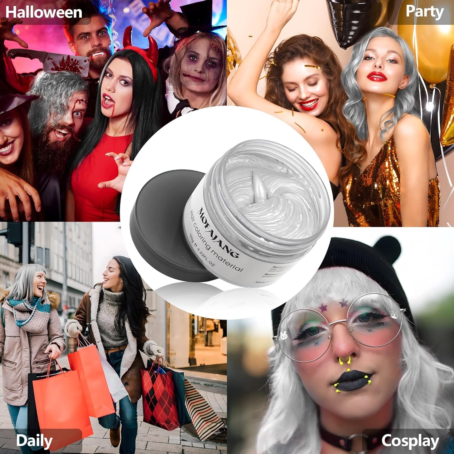 Midlertidig hårfarve, styling af hårfarve til mænd, kvinder, naturlig hårpomade, hårfarvevoks til fest, cosplay og halloween, 4,23 oz (sølvgrå) Naty Shop hårfarve