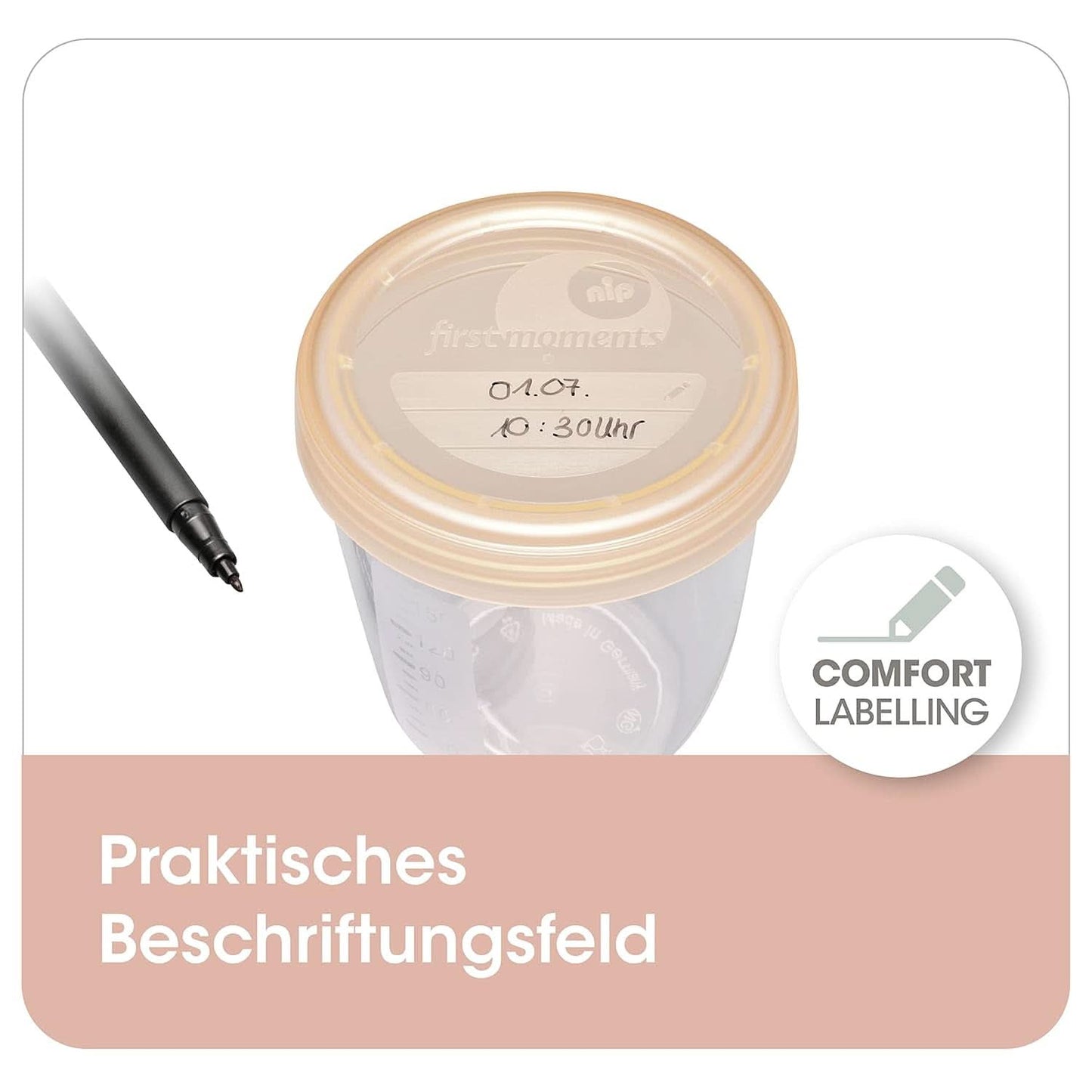 Modermælksbeholdere NIP First Moments 150 ml, 4 stk.: stabelbare og lækagesikre Tilbehør Mad og amning Bebe Naty Shop