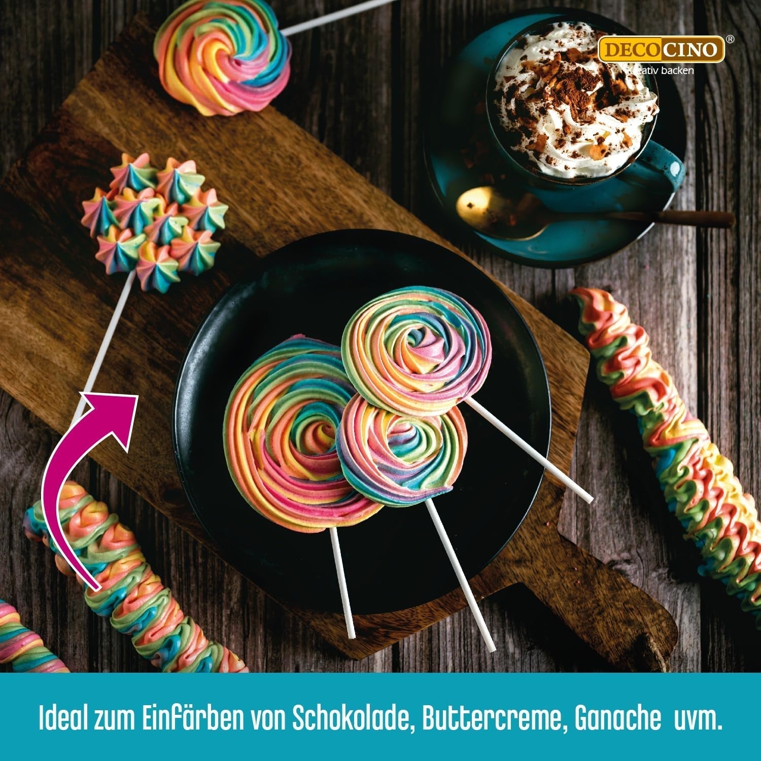 Decocino Fedtopløselig farvepasta Sæt med 6 - 6 x 15 g - Madfarve i rød, hvid, grøn, gul, blå og sort, ideel til farvning af kager, fondant og cremer - Azo- og glutenfri