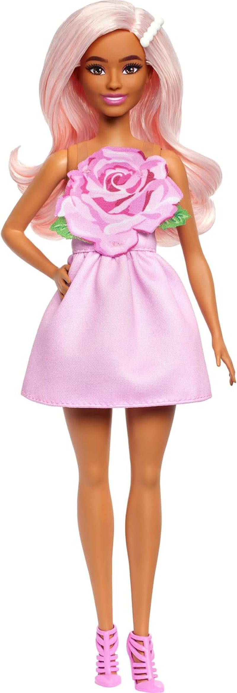 Barbie Fashionista dukke nr. 238 med pastellyserødt hår, stropløs kjole med pink top, perlehårklemme og høje hæle med stropper, HYT94 Naty Shop Dolls