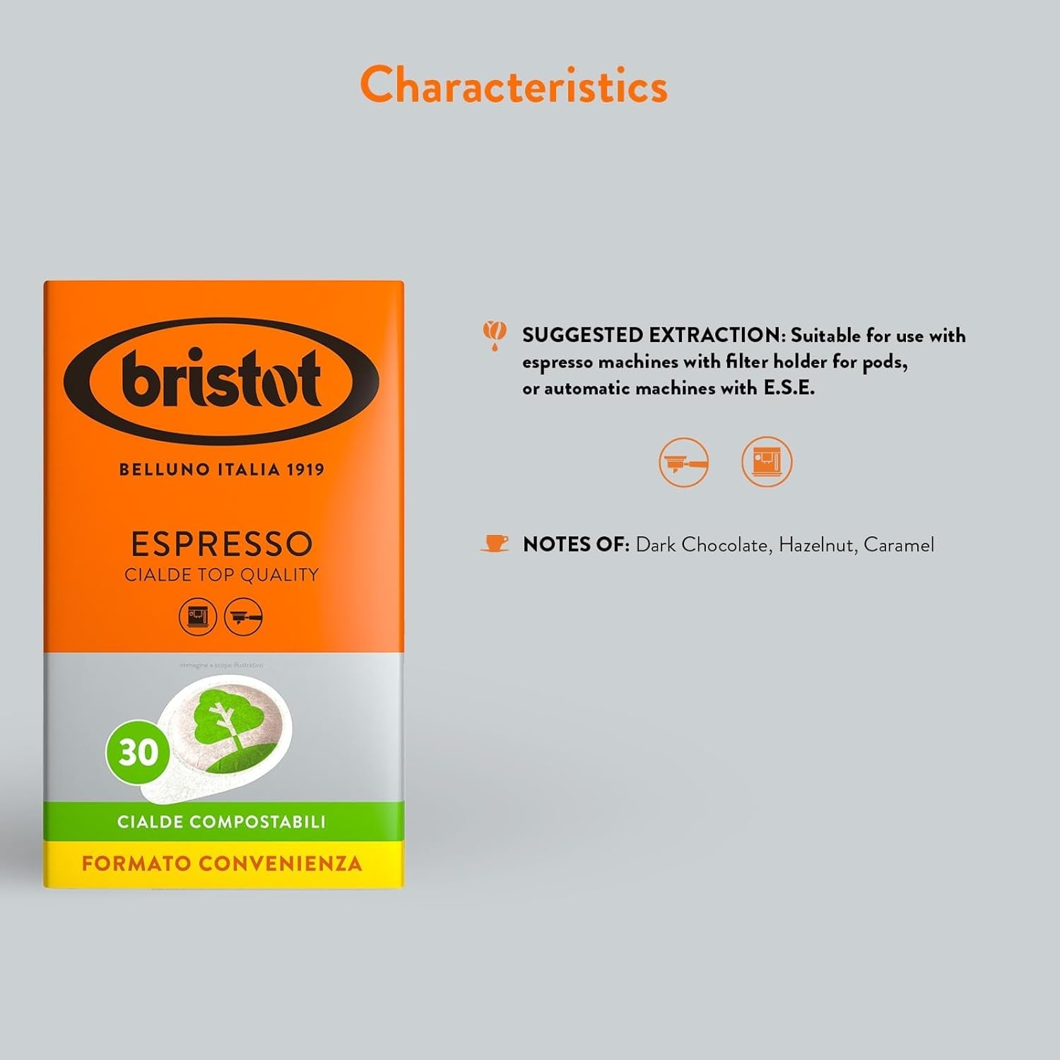 Bristot, 120 Espresso-Kaffeekapseln – eine Mischungen aus Arabica-Kaffee aus Brasilien und Zentralamerika, mit Noten von Zartbitterschokolade, Haselnuss og Caramell – 4 Packungen mit je 30 Kapseln