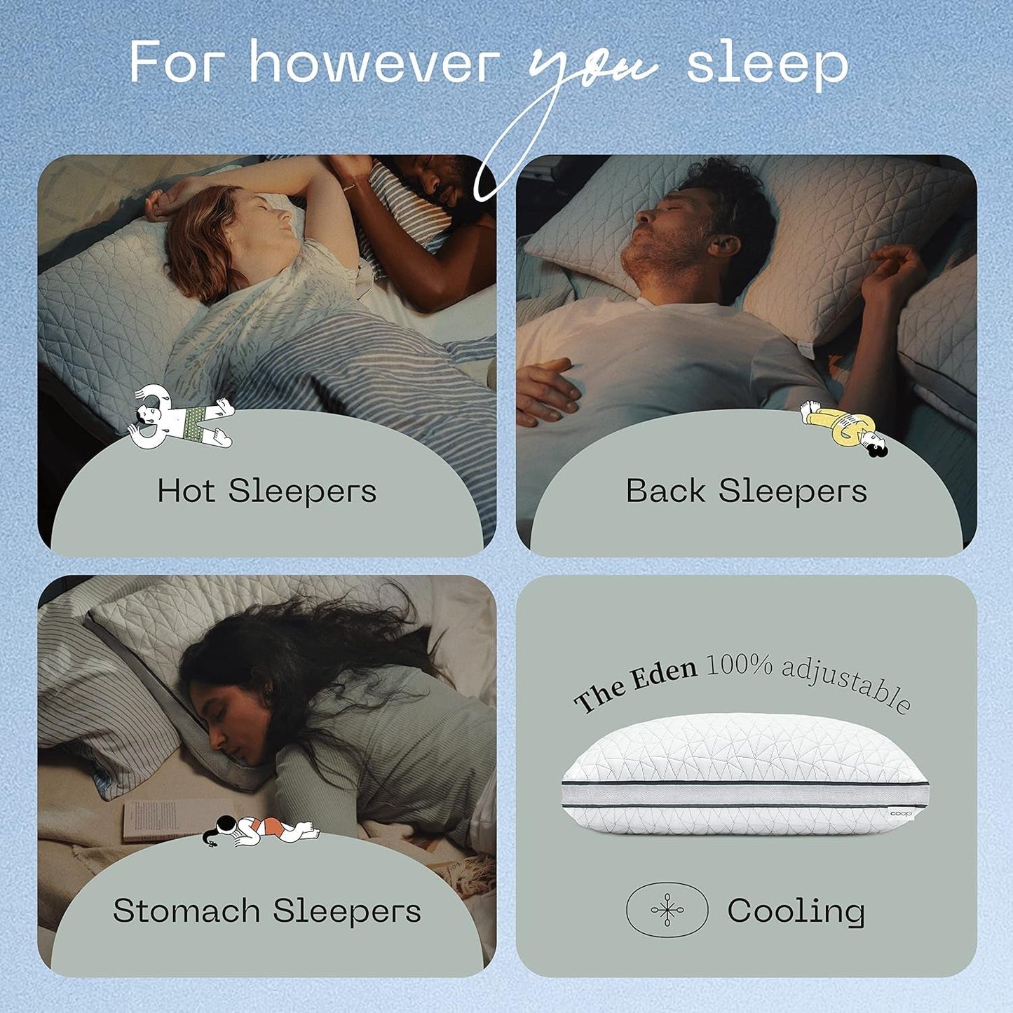 Coop Home Goods Eden Cool Justerbar Pude King Size Justerbar Gel Infunderet Memory Foam Blødt åndbart Lulltra stof Ideel til alle sovende Miljøvenlige Naty Shop Standard puder